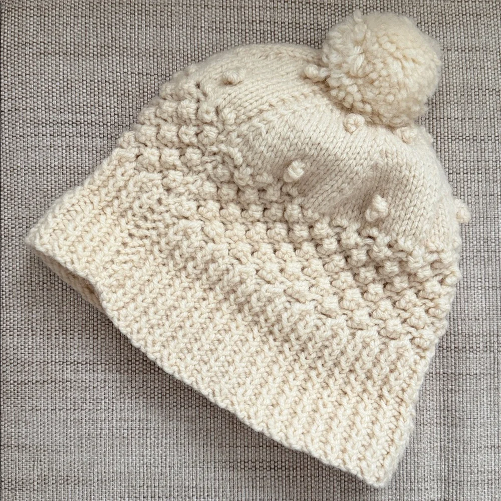 Vintage hand-knitted Kids beanie textured bubble stitch pom-pom Irish Wool?